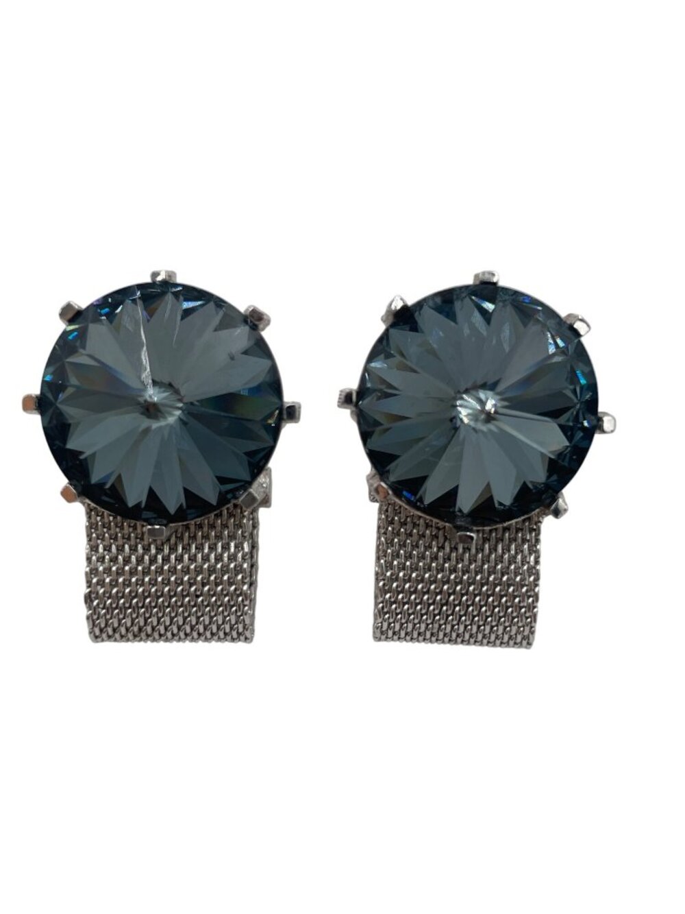 Vintage Dante Silver-Tone Cufflinks With Blue Rhinestones & Mesh Chain Design